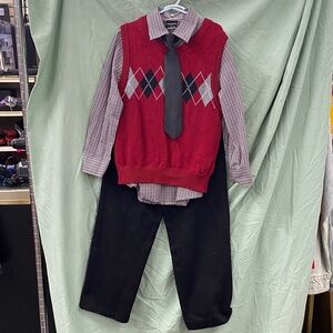 George 4pcs Set: Red Argyle Sweater Vest, Shirt w/ Black Pants Outfit